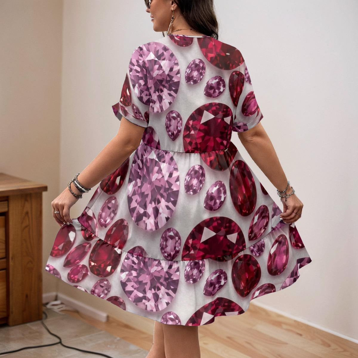 Pink and Red Gemstone All-Over Print Women’s Floral V-Neck Short Sleeve Dress