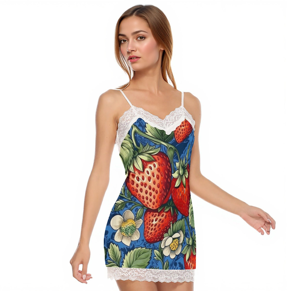 Ripe-Red-Strawberries All-Over Women's Cami Dress With Lace Edge