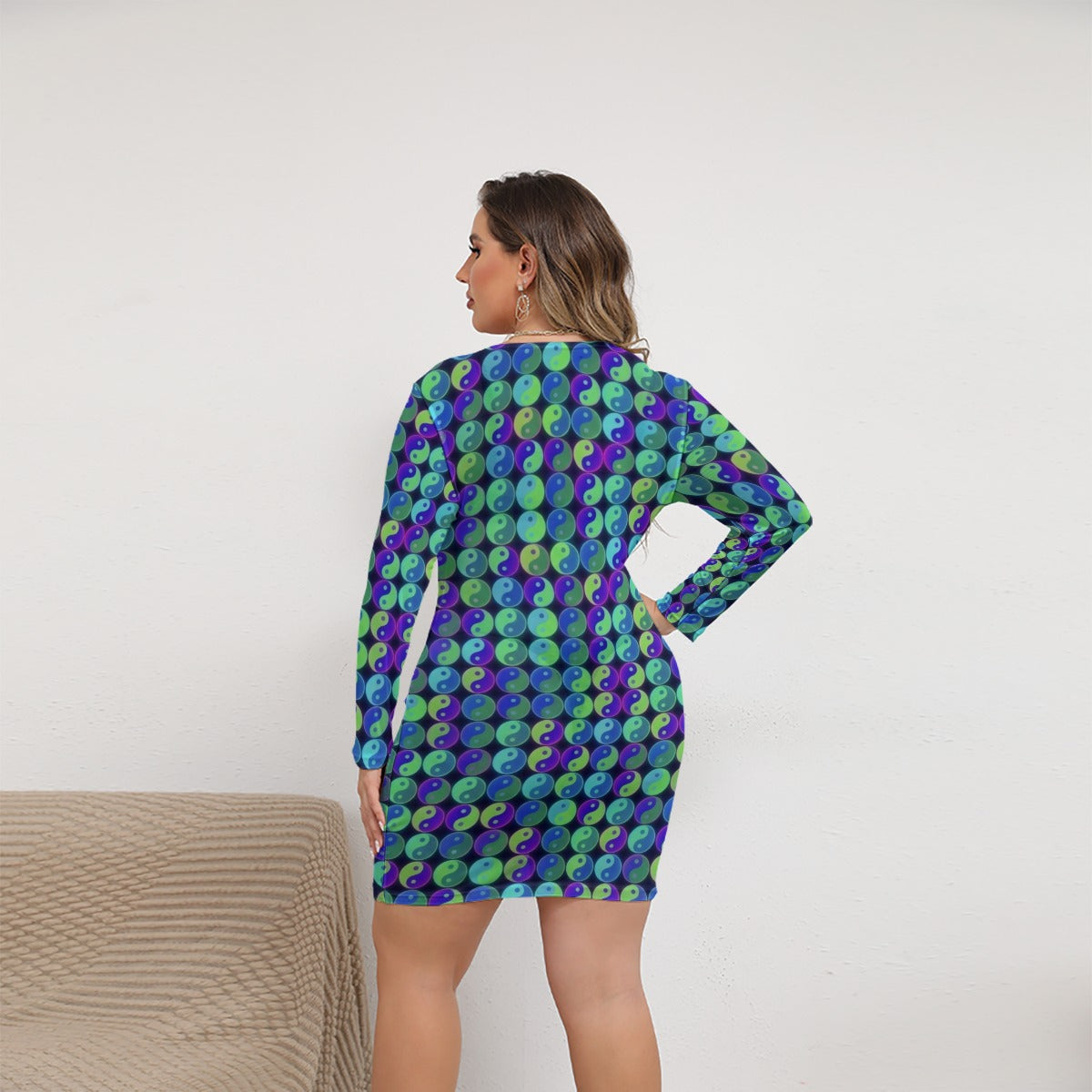 Blue, Teal, and Purple Yin Yang All-Over Print Women's Mesh Dress (Plus Size)