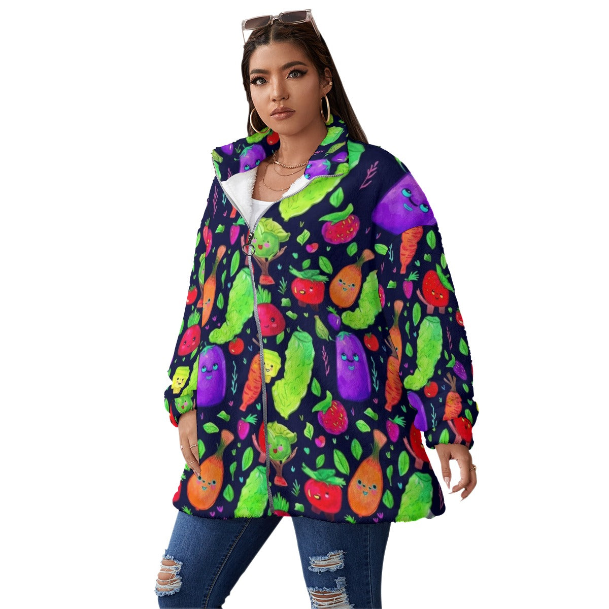 Fruit and Vegetable Unisex Borg Fleece Stand-up Collar Coat With Zipper Closure(Plus Size)