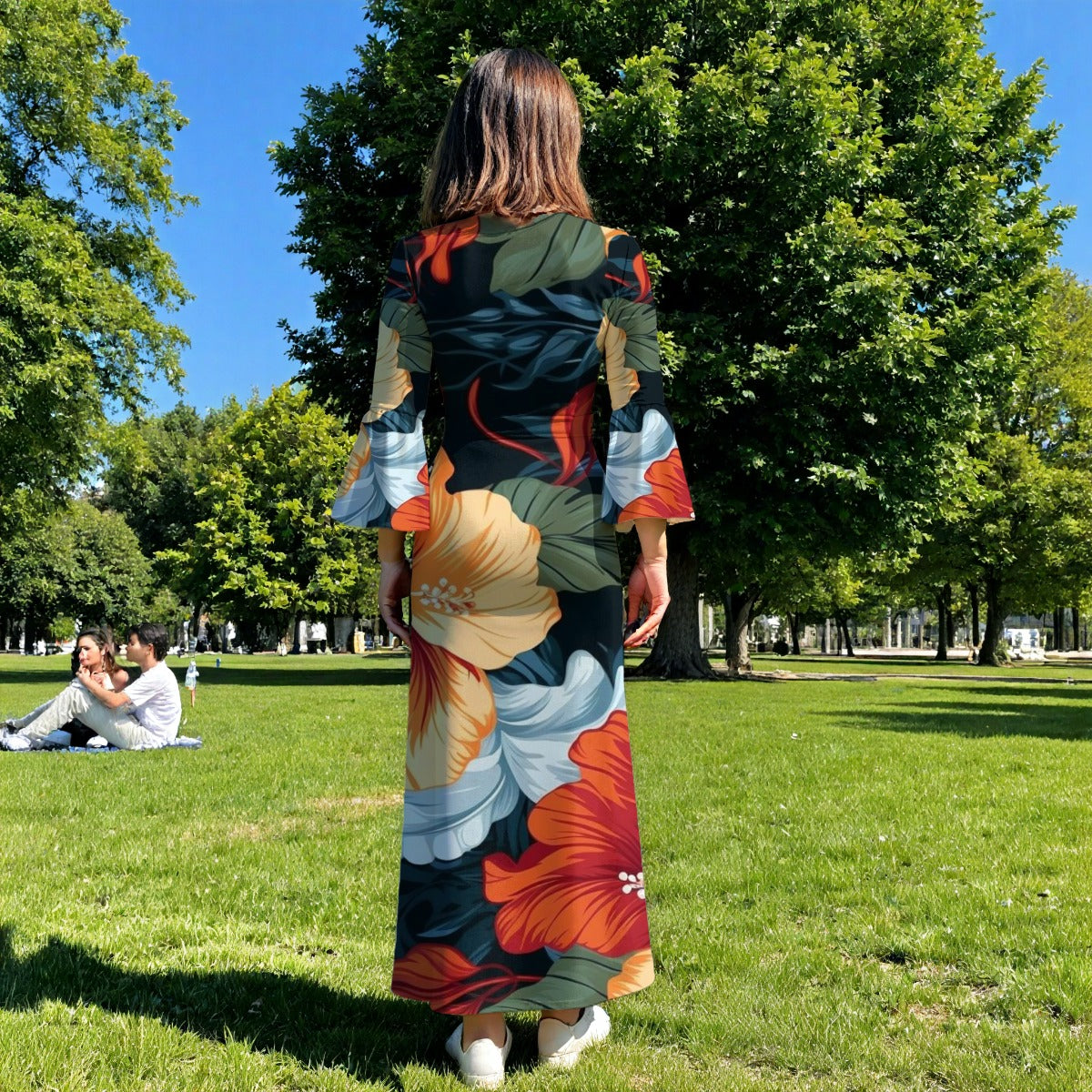 Bold, Multi-Colored Tropical Floral, Botanical All-Over Print Women's V-Neck Long Sleeve Maxi Dress