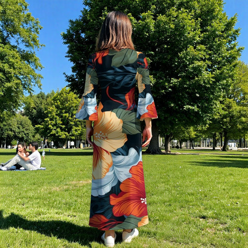 Bold, Multi-Colored Tropical Floral, Botanical All-Over Print Women's V-Neck Long Sleeve Maxi Dress