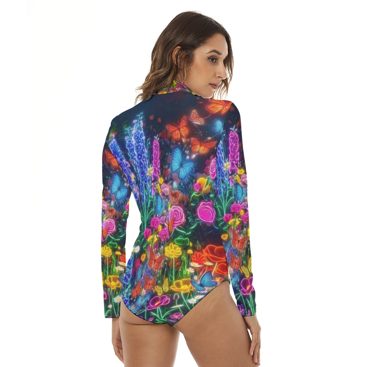 Neon Floral Butterfly Women's Stretchy Turtleneck Long Sleeve Bodysuit