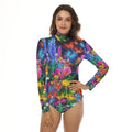 Neon Floral Butterfly Women's Stretchy Turtleneck Long Sleeve Bodysuit