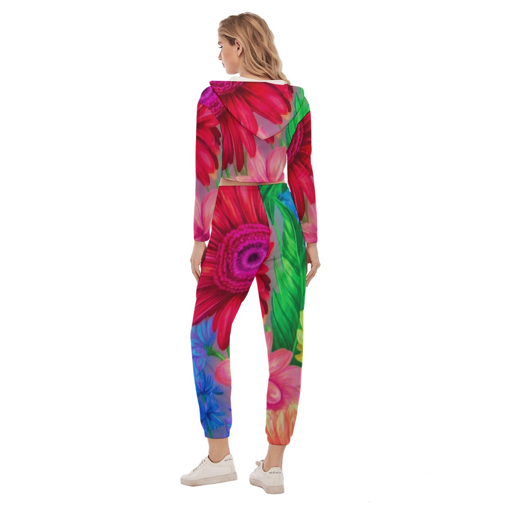 daisy and watercolor floral All-Over Print Women's Crop Hoodie Sports Set