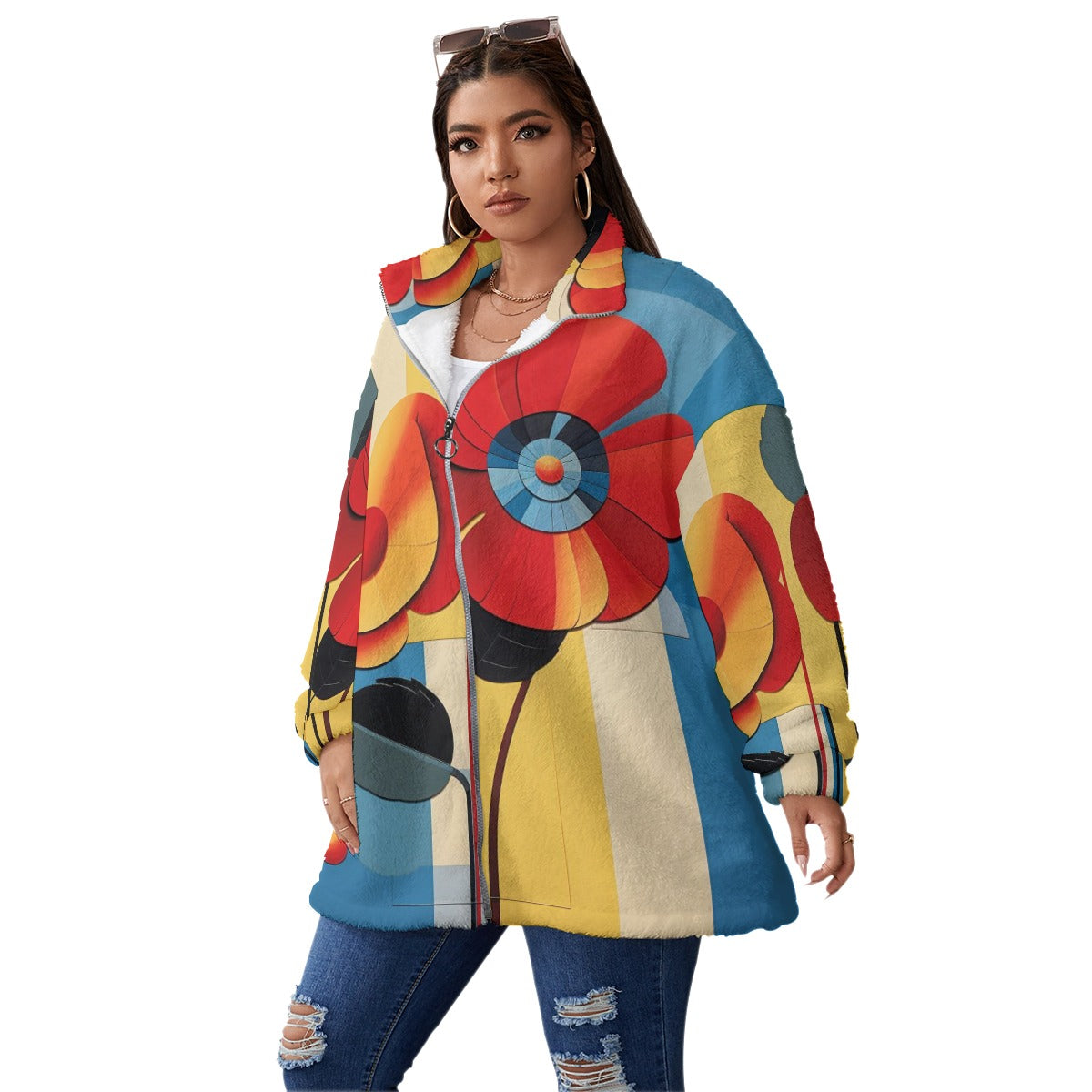 Floral Vintage All-Over Print Unisex Borg Fleece Stand-up Collar Coat With Zipper Closure(Plus Size)