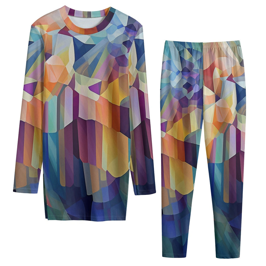 Stained-Glass Geometric Pattern All-Over Print Women's Side Split T-shirt Set