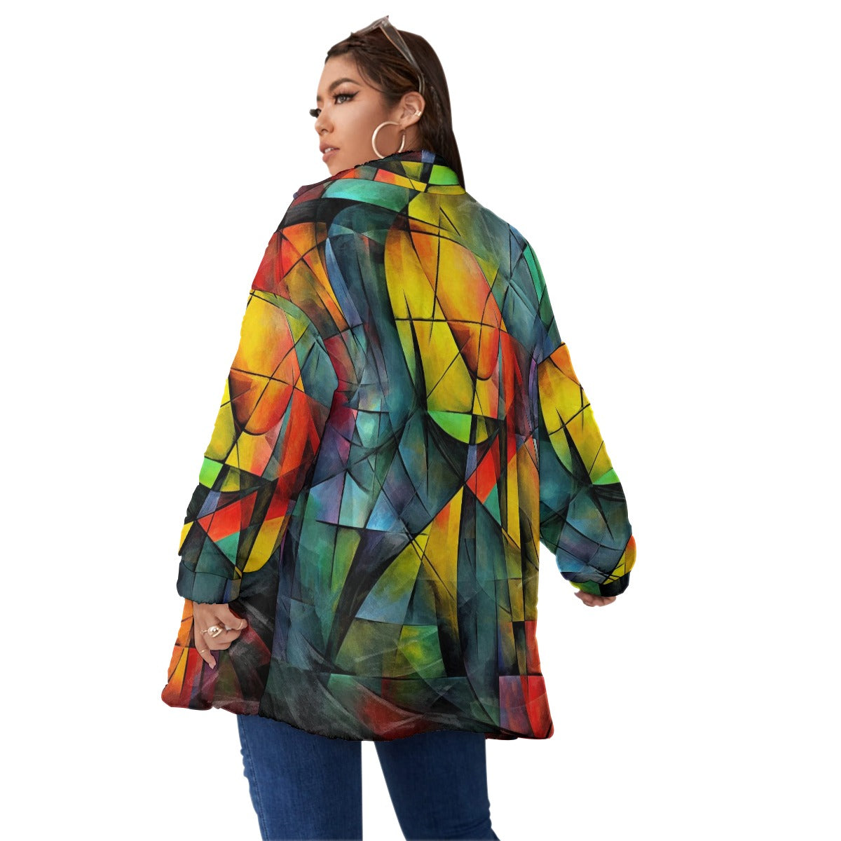Multi-Color Mosaic Unisex Borg Fleece Stand-up Collar Coat With Zipper Closure(Plus Size)