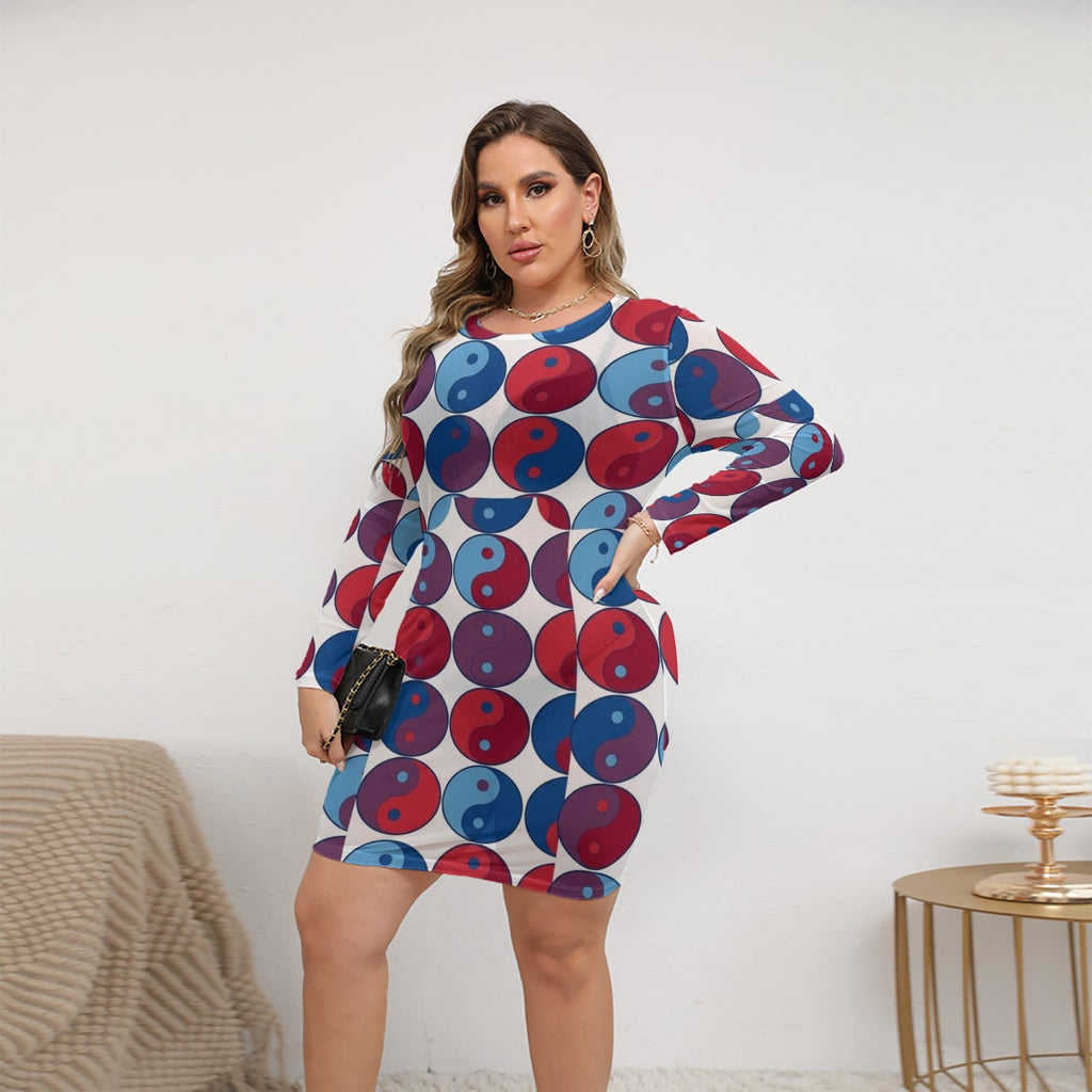 Red and Blue Yin Yang All-Over Print Women's Mesh Dress (Plus Size)
