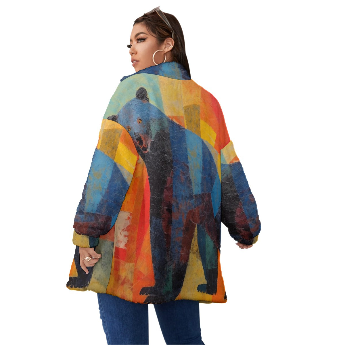 Colorful, Black-Bear Unisex Borg Fleece Stand-up Collar Coat With Zipper Closure(Plus Size)