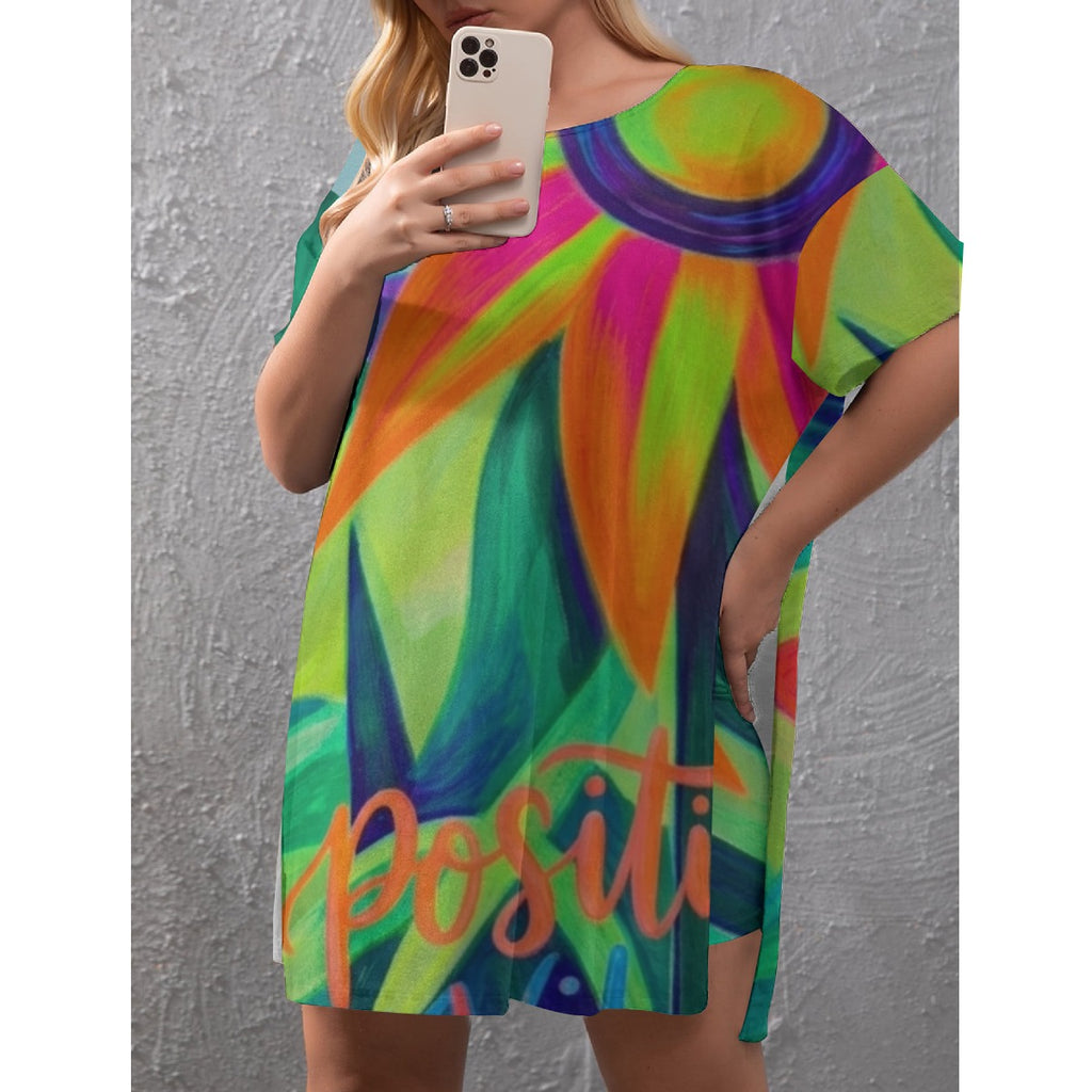 Multi-Color Abstract-Flower Women's Drop-Shoulder T-Shirt with Side Split and Shorts (Plus Size)