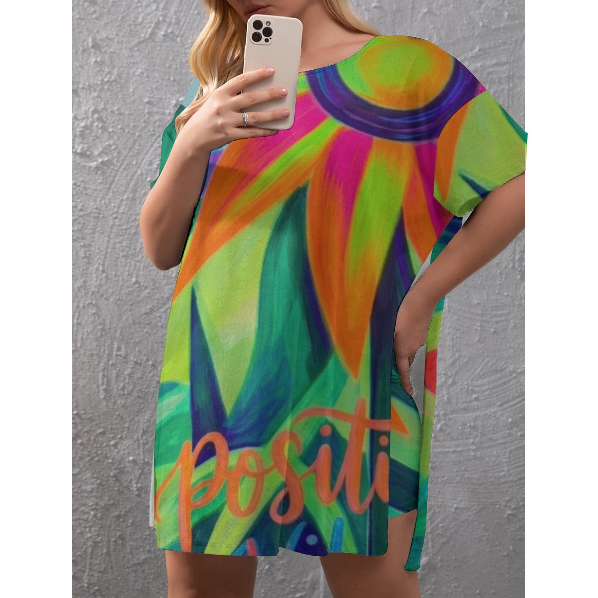 Multi-Color Abstract-Flower Women's Drop-Shoulder T-Shirt with Side Split and Shorts (Plus Size)