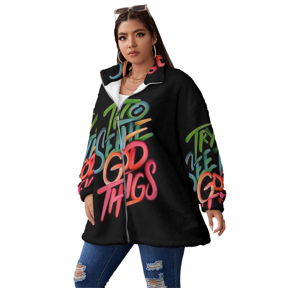 Vivid-Graffiti-Art Unisex Borg Fleece Stand-up Collar Coat With Zipper Closure(Plus Size)