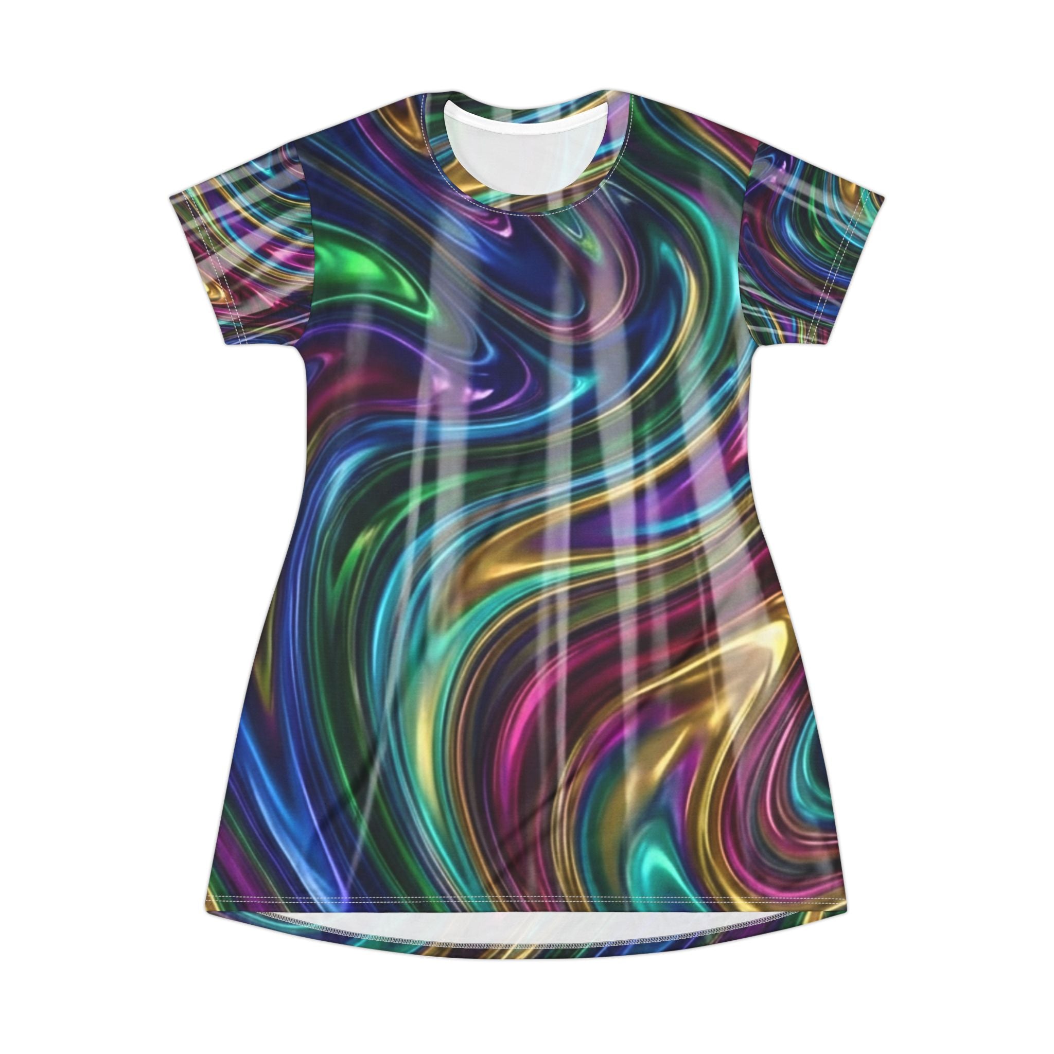Psychedelic Swirl T‑Shirt Dress – All‑Over Neon Marble Print