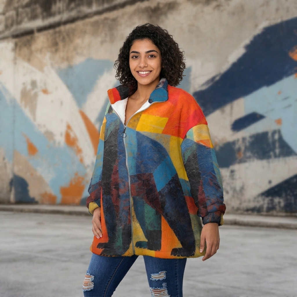 Colorful, Black-Bear Unisex Borg Fleece Stand-up Collar Coat With Zipper Closure(Plus Size)