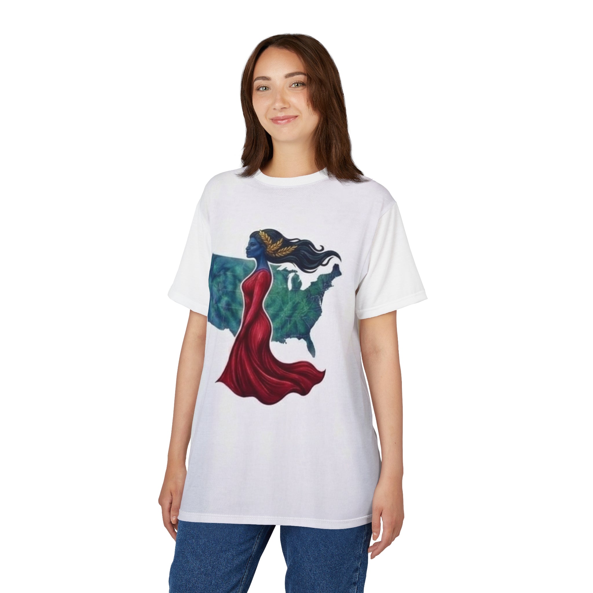 Patriotic Woman Silhouette Tee — USA Map Art Graphic Shirt
