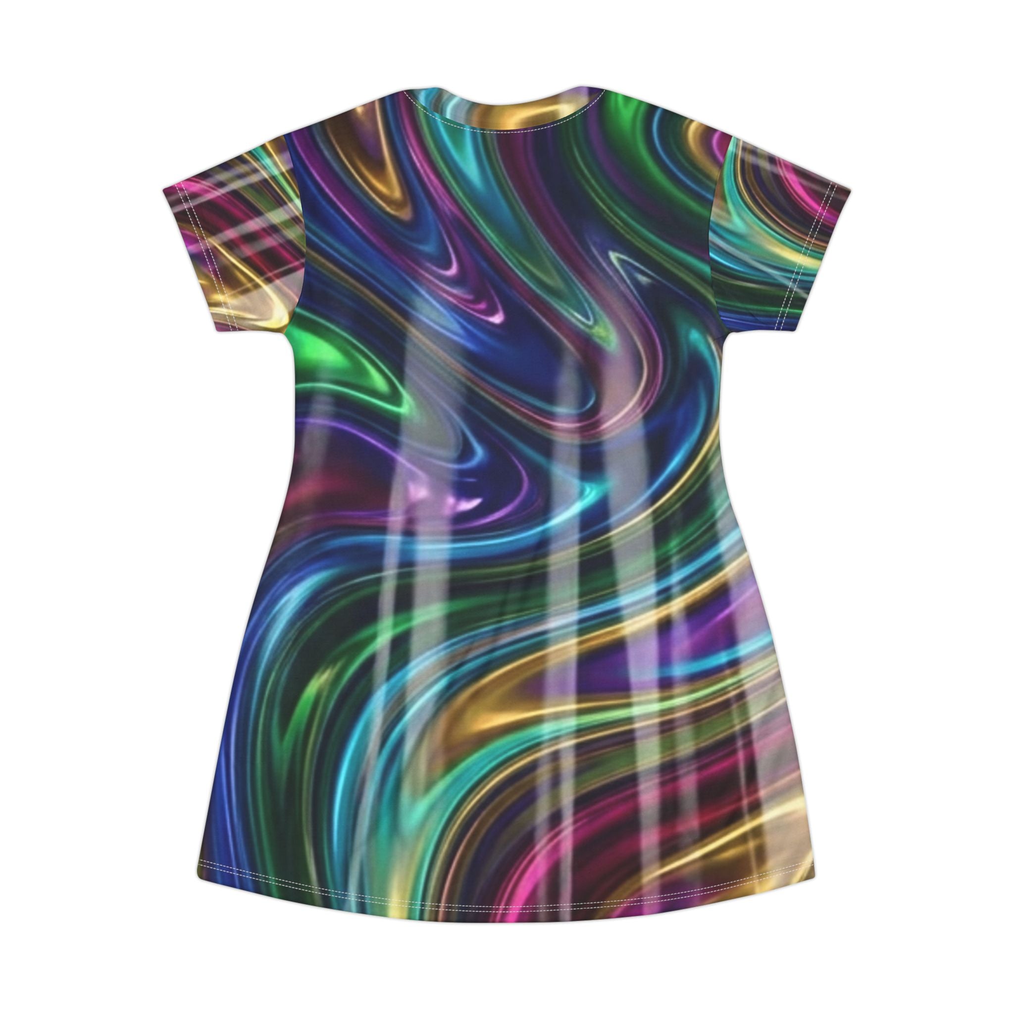Swirl Neon All-Over Print T-Shirt Dress — Psychedelic Iridescent Wave Dress