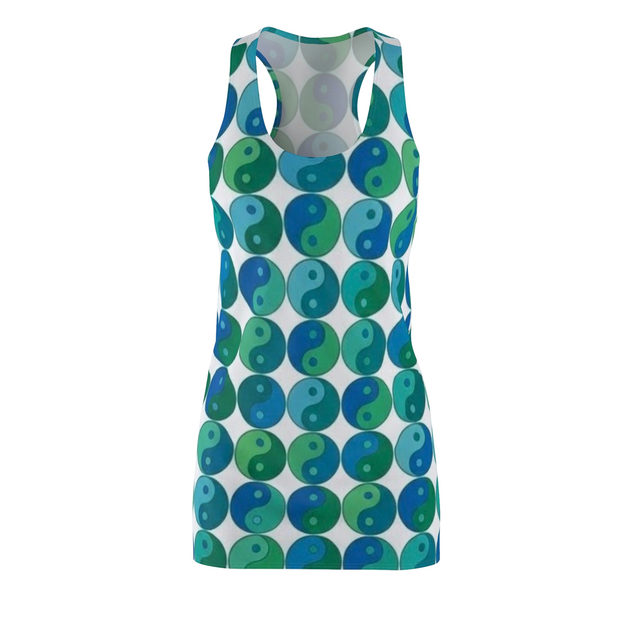 Yin Yang Pattern Racerback Dress — Blue & Green All-Over Print