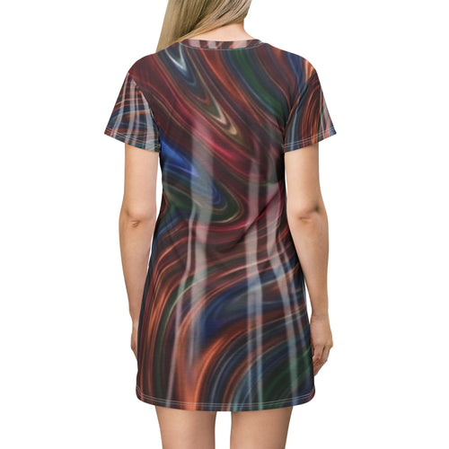 Abstract Swirl T-Shirt Dress — Multicolor Fluid Art All-Over Print