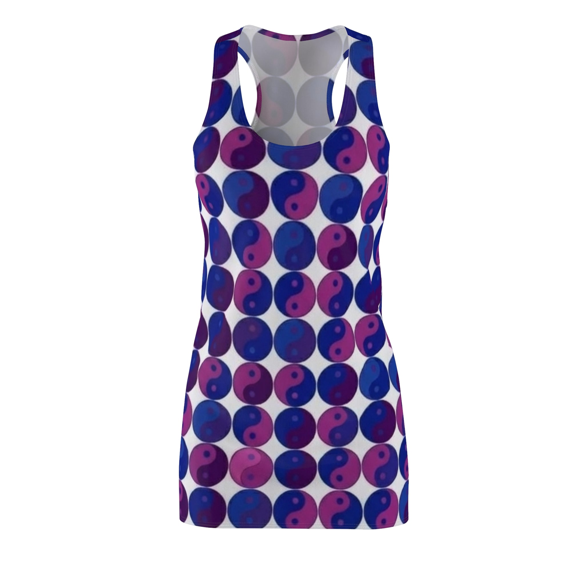 Yin Yang Dot Racerback Dress – Purple & Blue Geometric AOP