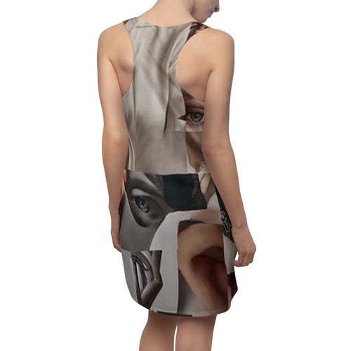 Abstract Collage Racerback Dress — Surreal Face Mosaic All-Over Print
