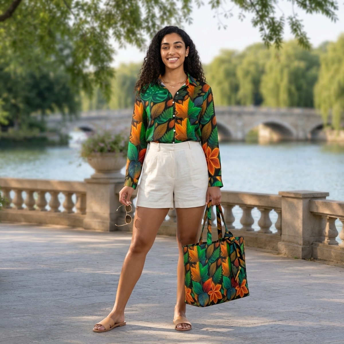 Multi-Color Autumn Leaves All-Over Print Women's Lapel Shirt Dress With Long Sleeve