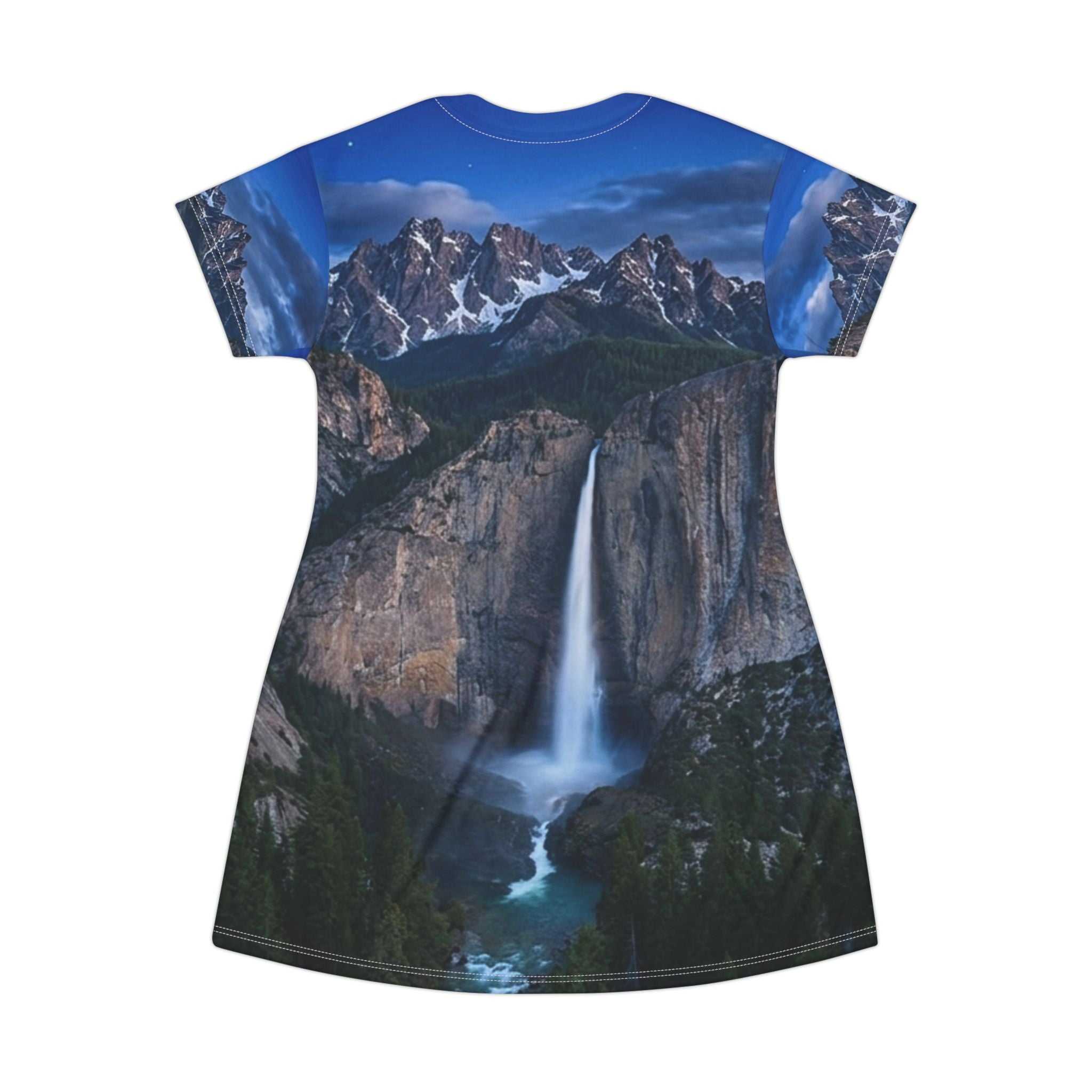 Waterfall Mountain T-Shirt Dress — Scenic Yosemite Nightfall All-Over Print