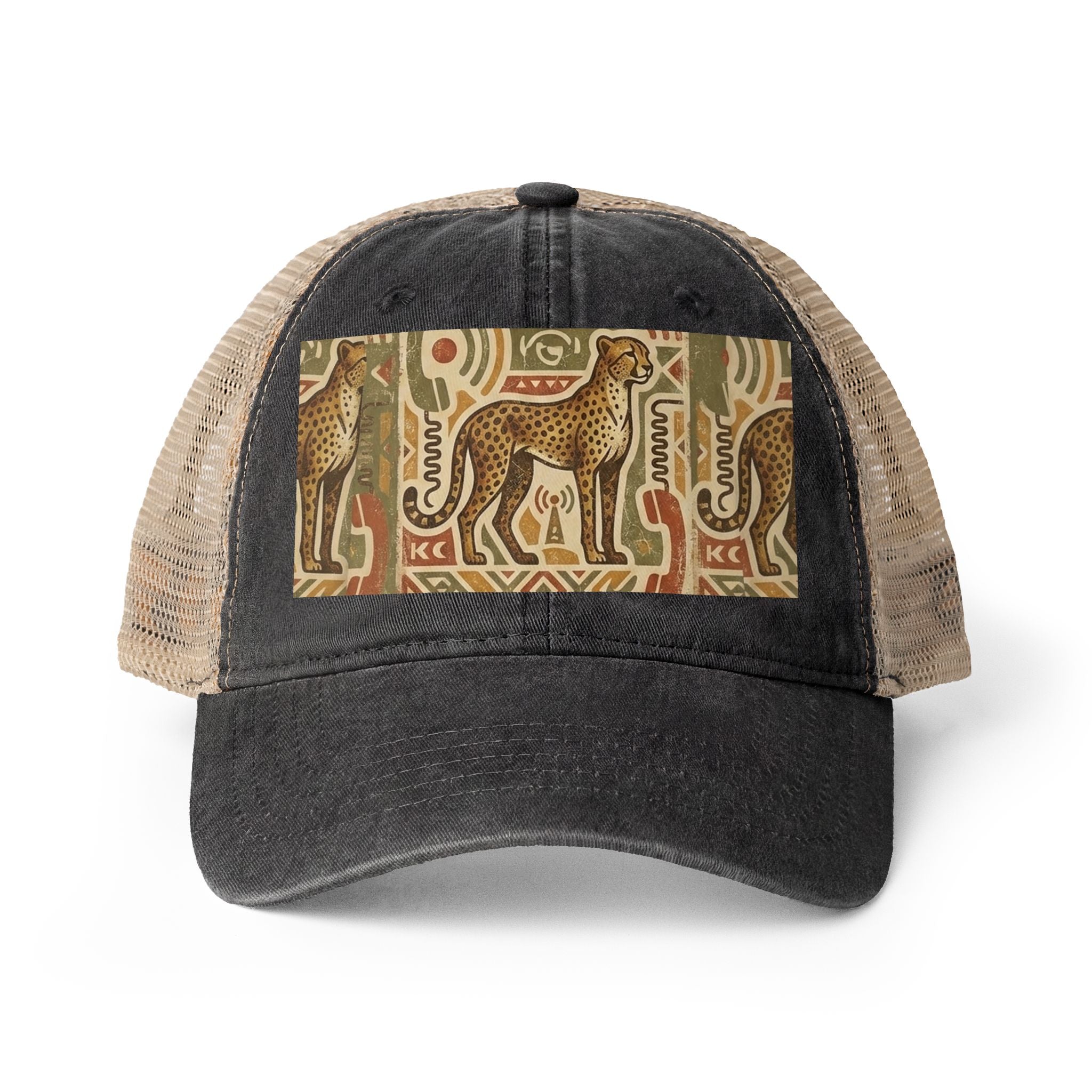 Cheetah Tribal Print Women's Washed Mesh-Back Cap Vintage African-Inspired Print Printify