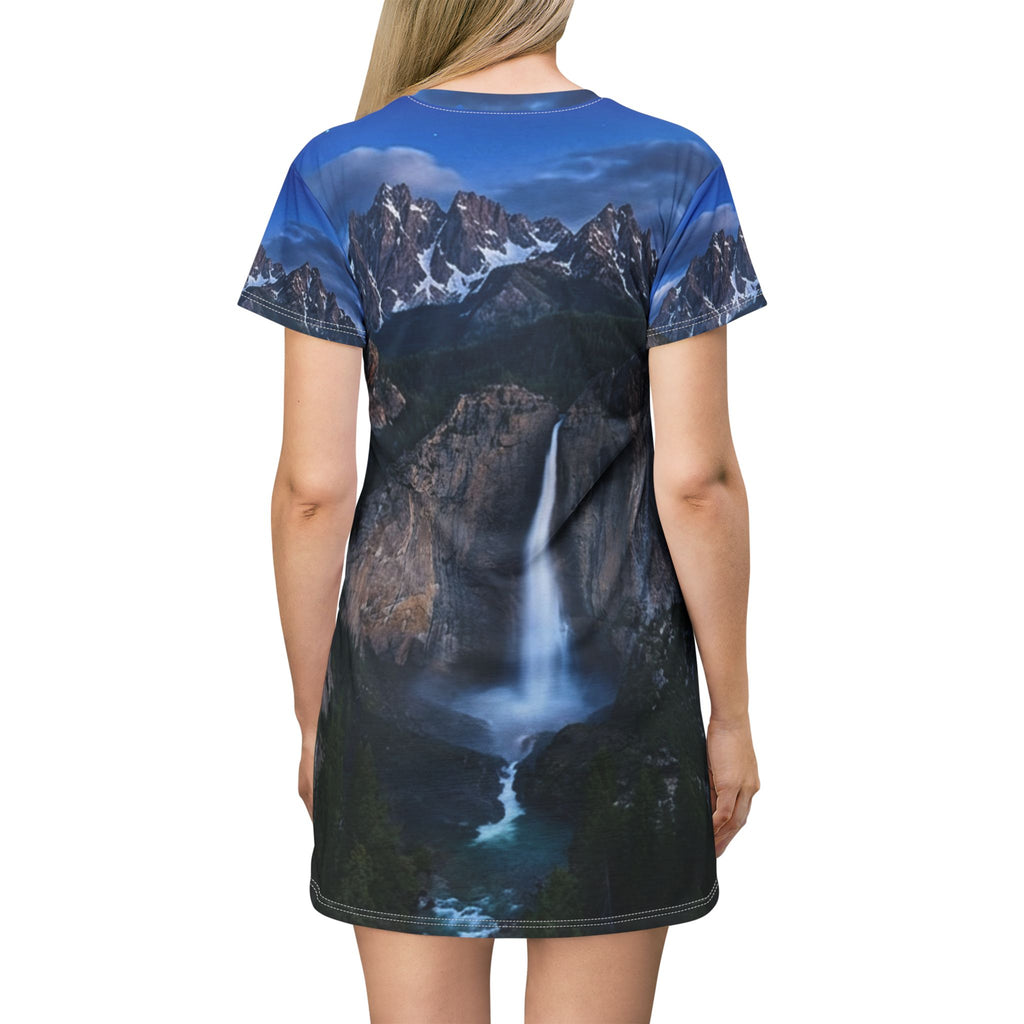 Waterfall Mountain T-Shirt Dress — Scenic Yosemite Nightfall All-Over Print