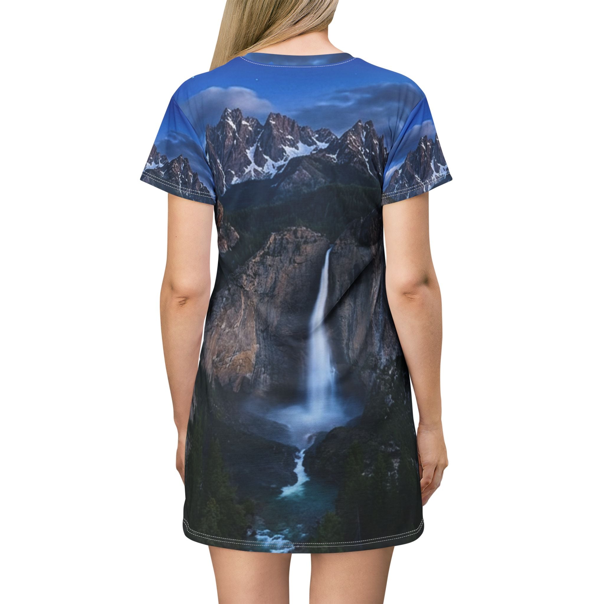 Waterfall Mountain T-Shirt Dress — Scenic Yosemite Nightfall All-Over Print