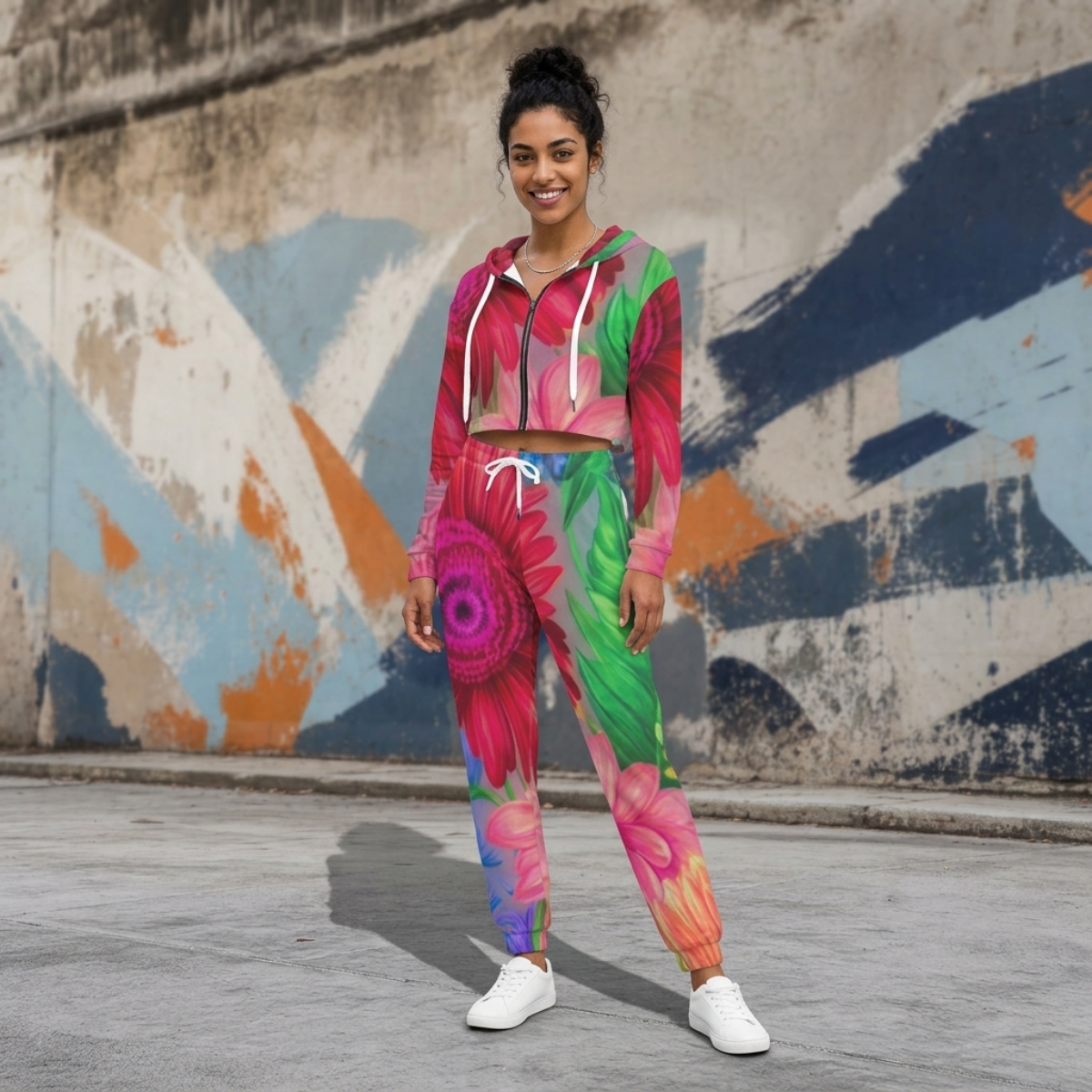 daisy and watercolor floral All-Over Print Women's Crop Hoodie Sports Set