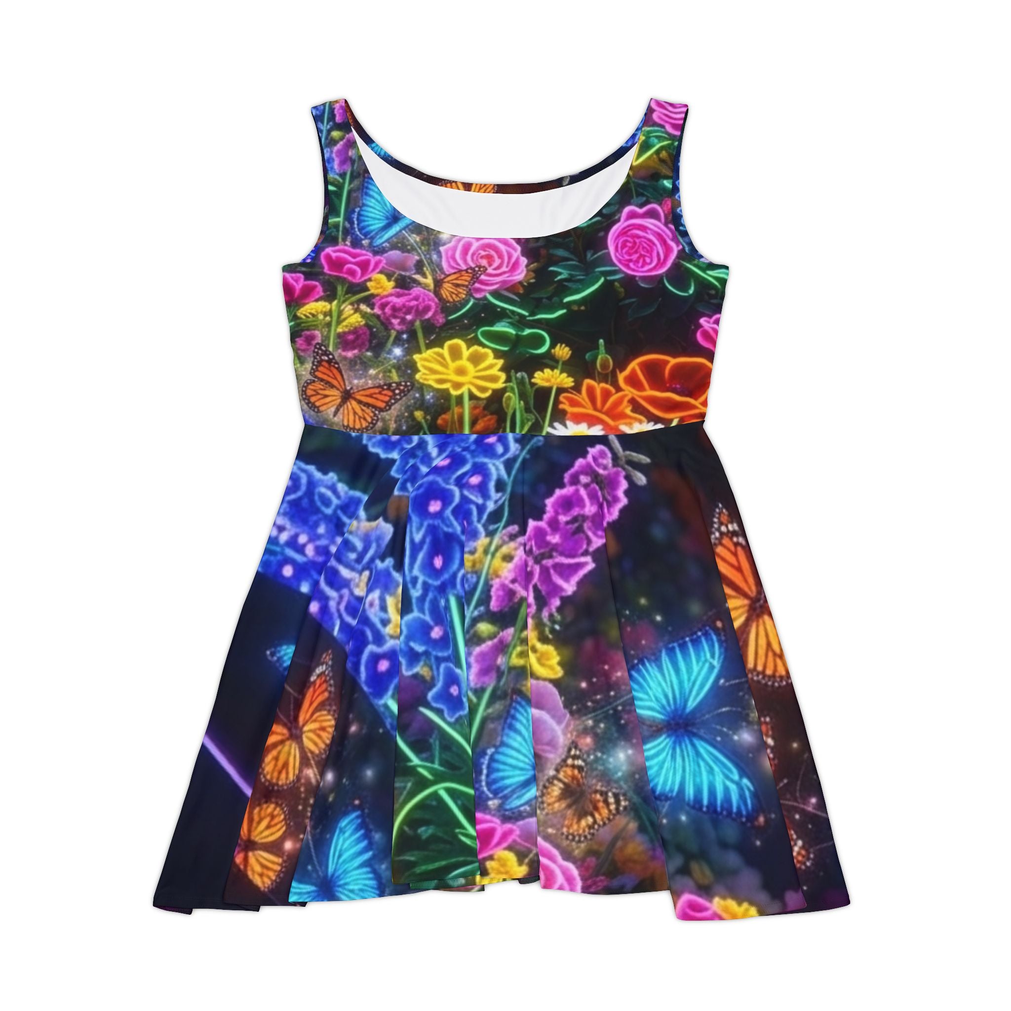 Neon Floral Butterfly Skater Dress