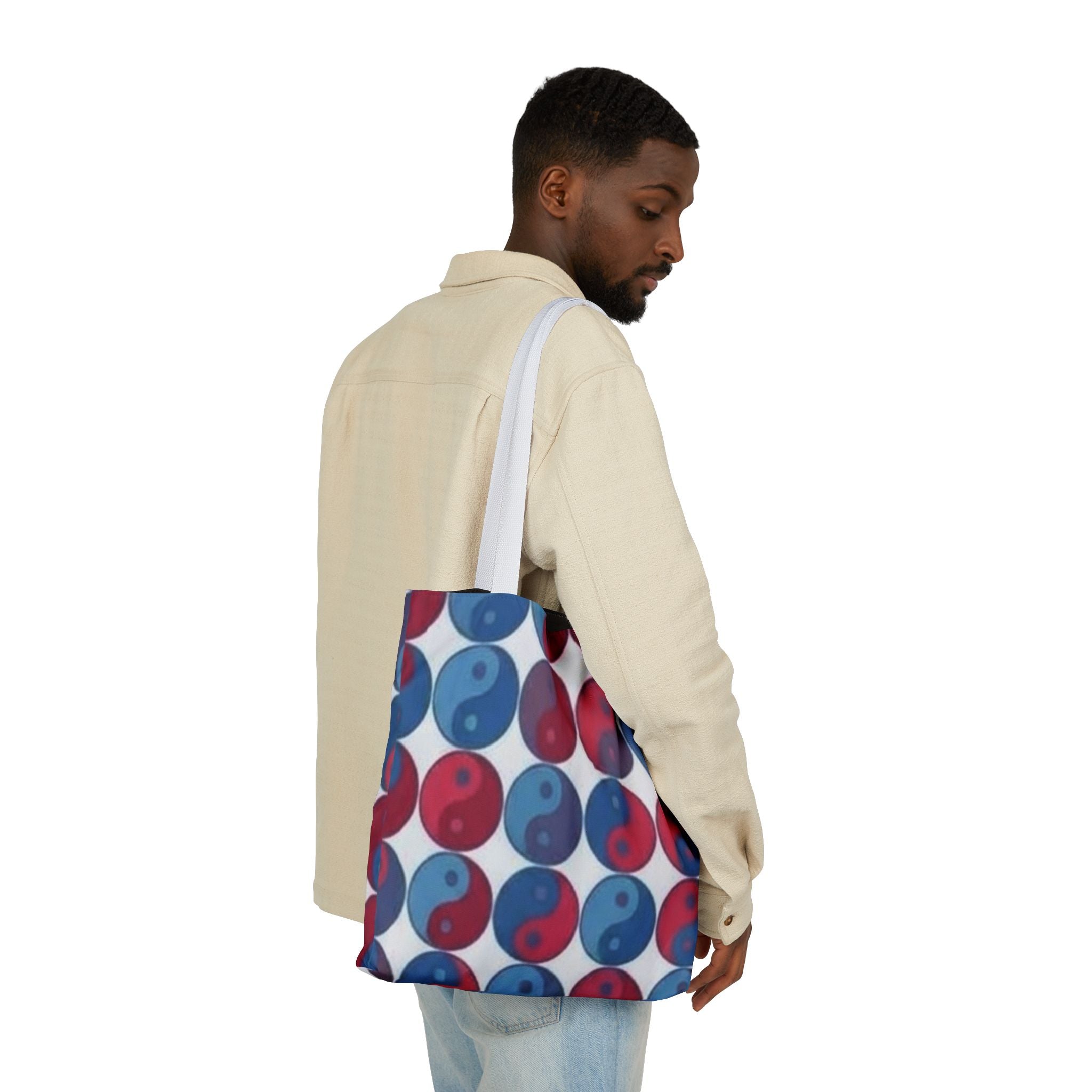 Yin Yang Pattern Canvas Tote — Red & Blue Reversible Symbol Beach Bag