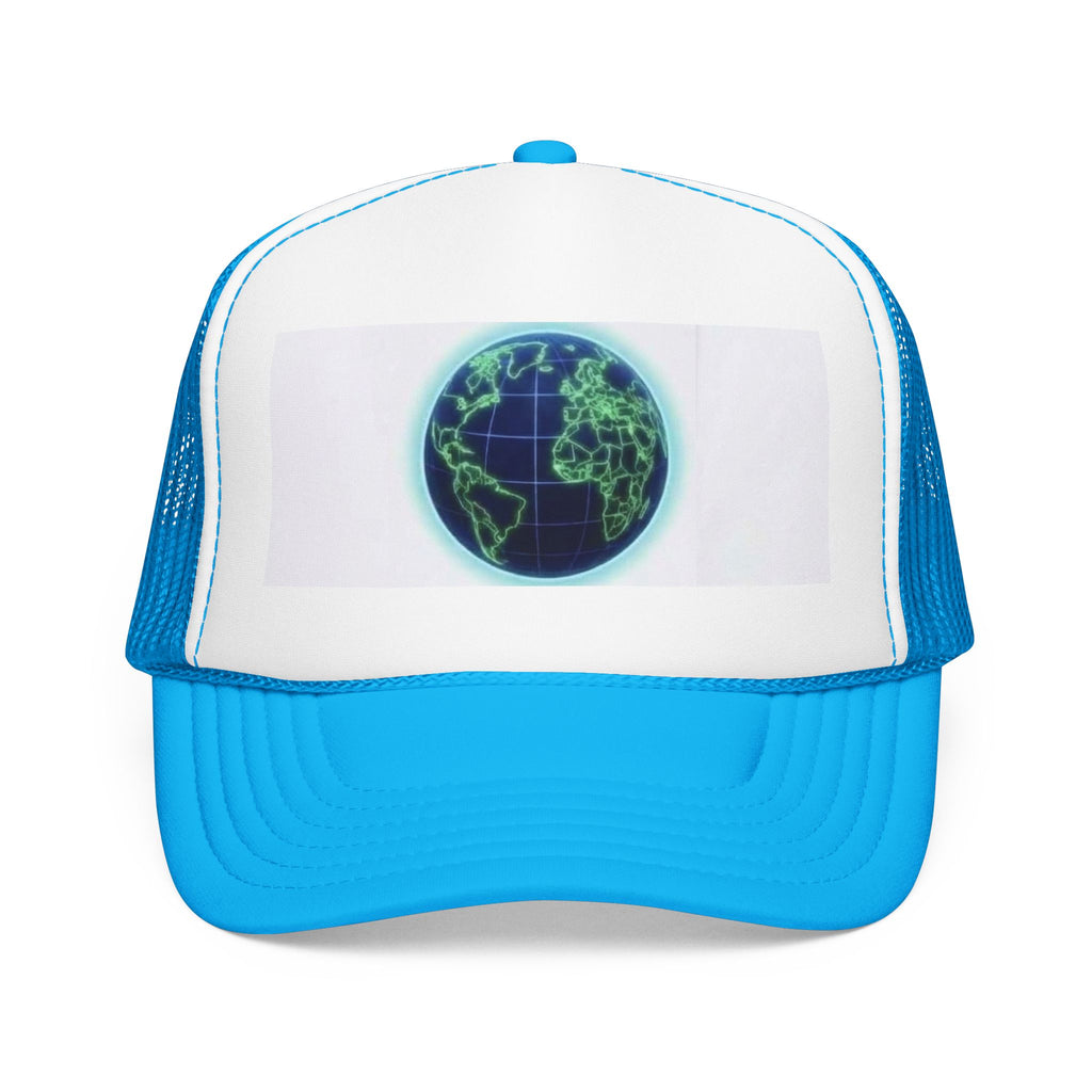Neon Globe Foam Trucker Hat – Retro Earth Graphic Cap Printify