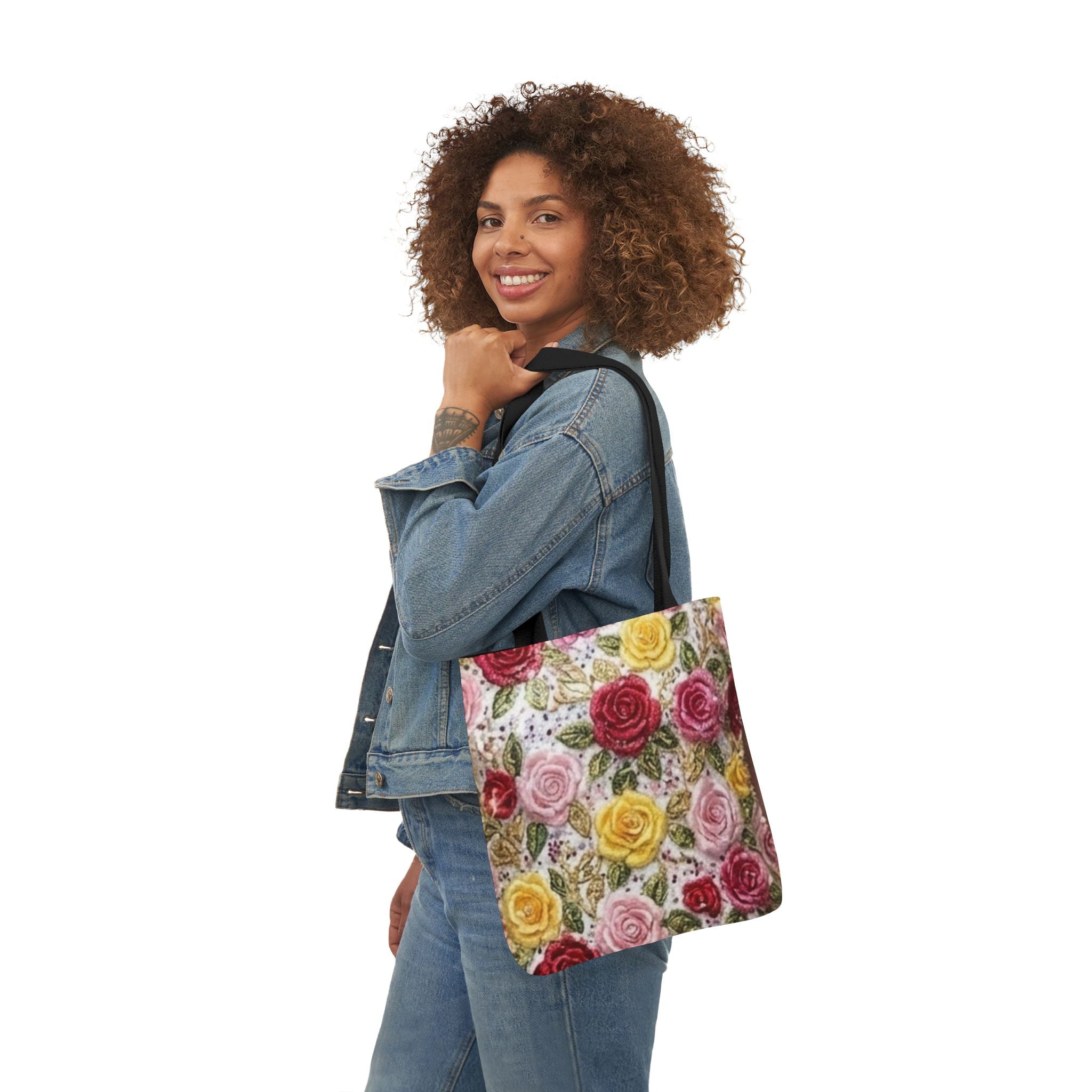 Floral Rose Canvas Tote Bag — Vintage Pink, Yellow & Red Roses Pattern