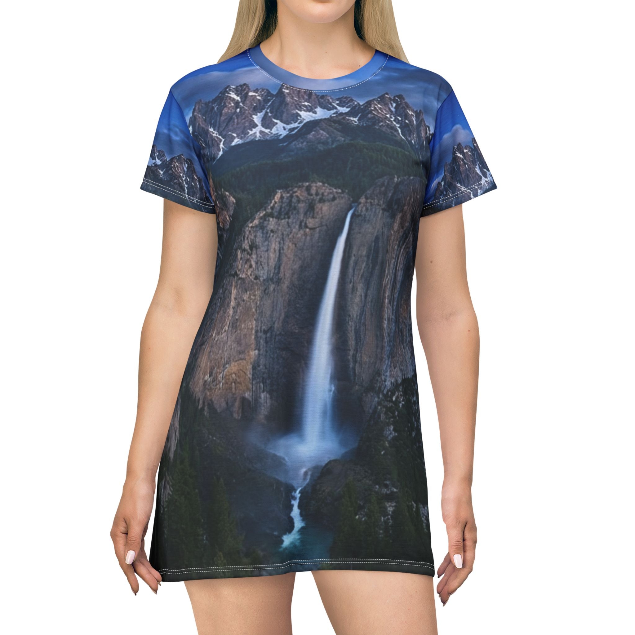 Waterfall Mountain T-Shirt Dress — Scenic Yosemite Nightfall All-Over Print