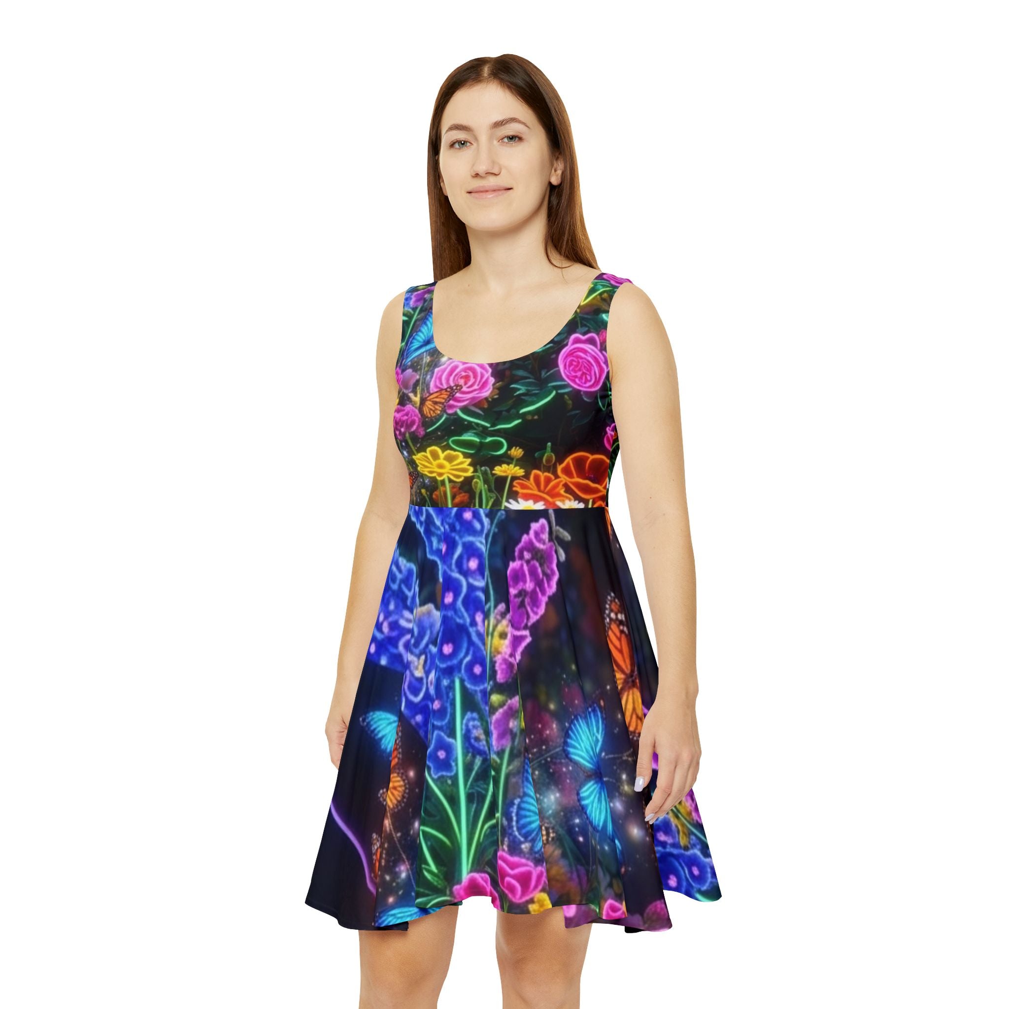 Neon Floral Butterfly Skater Dress
