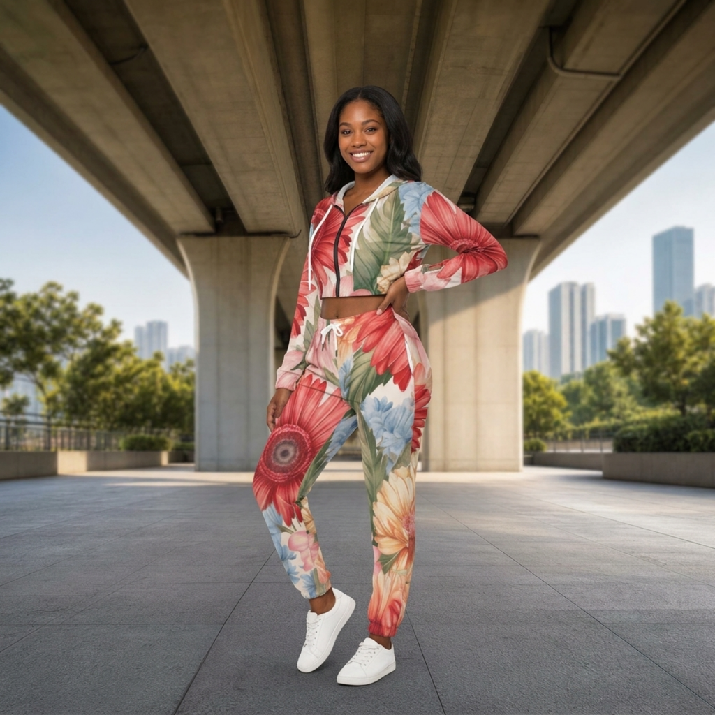 Gerbera daisies and tropical floral patterns All-Over Print Women's Crop Hoodie Sports Set