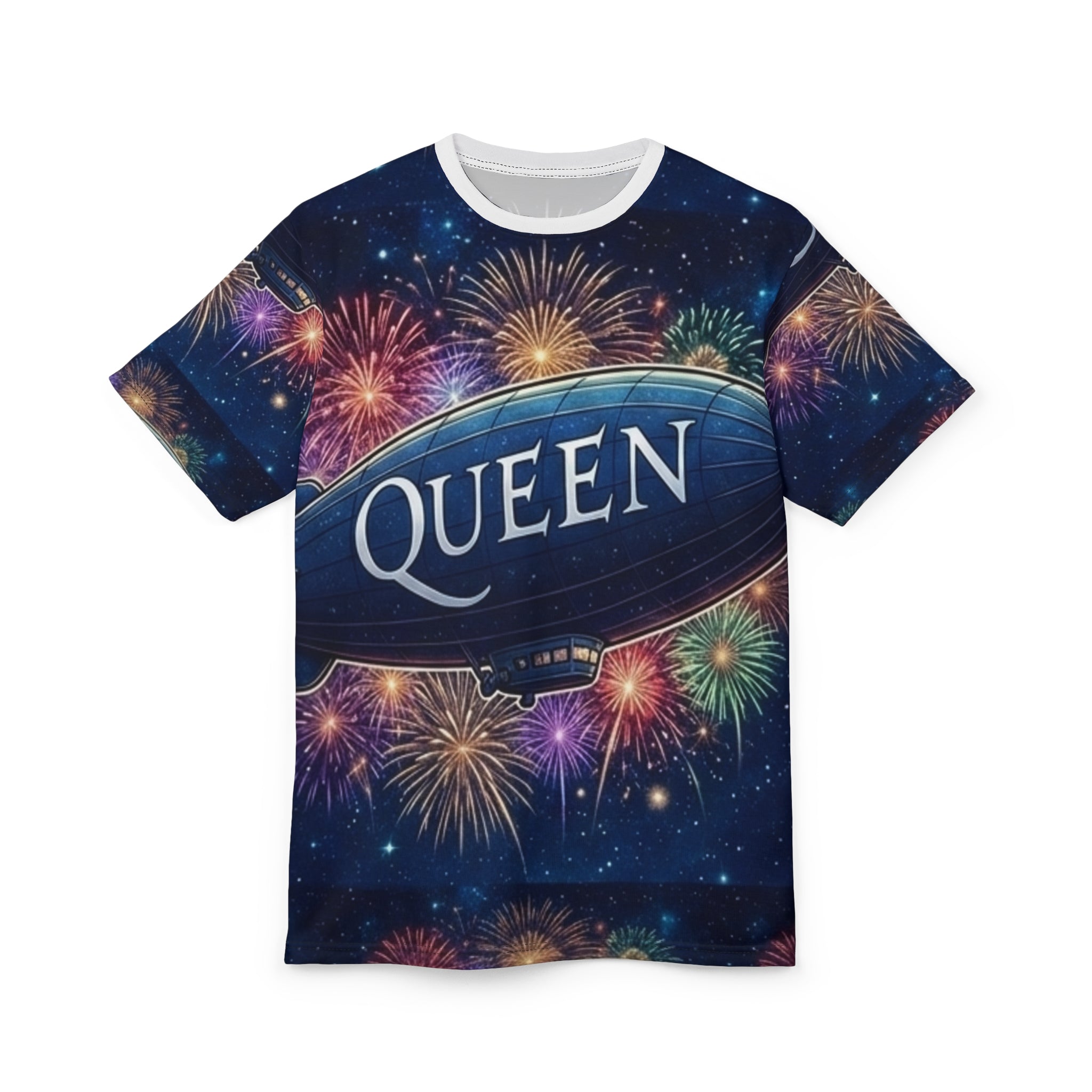 Queen Airship Tee — Retro Band Fireworks All-Over Print Shirt