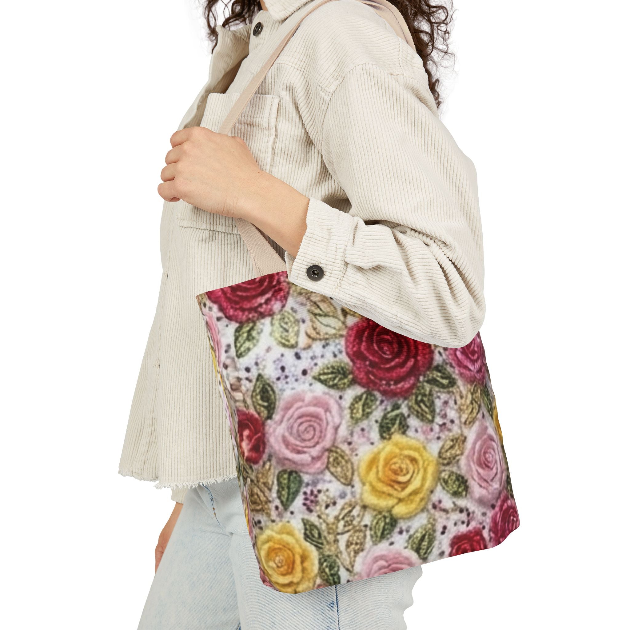 Floral Rose Canvas Tote Bag — Vintage Pink, Yellow & Red Roses Pattern