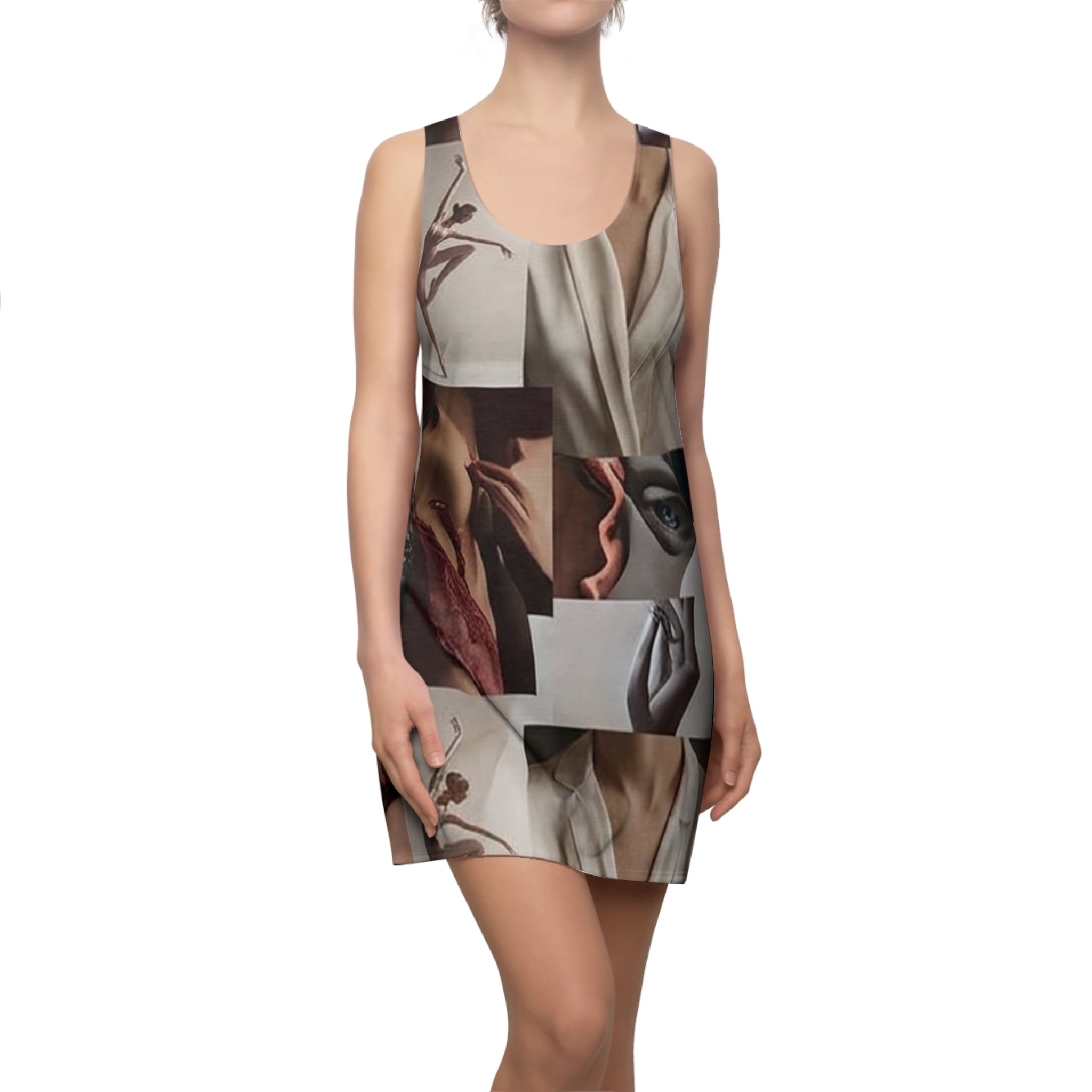 Abstract Collage Racerback Dress — Surreal Face Mosaic All-Over Print