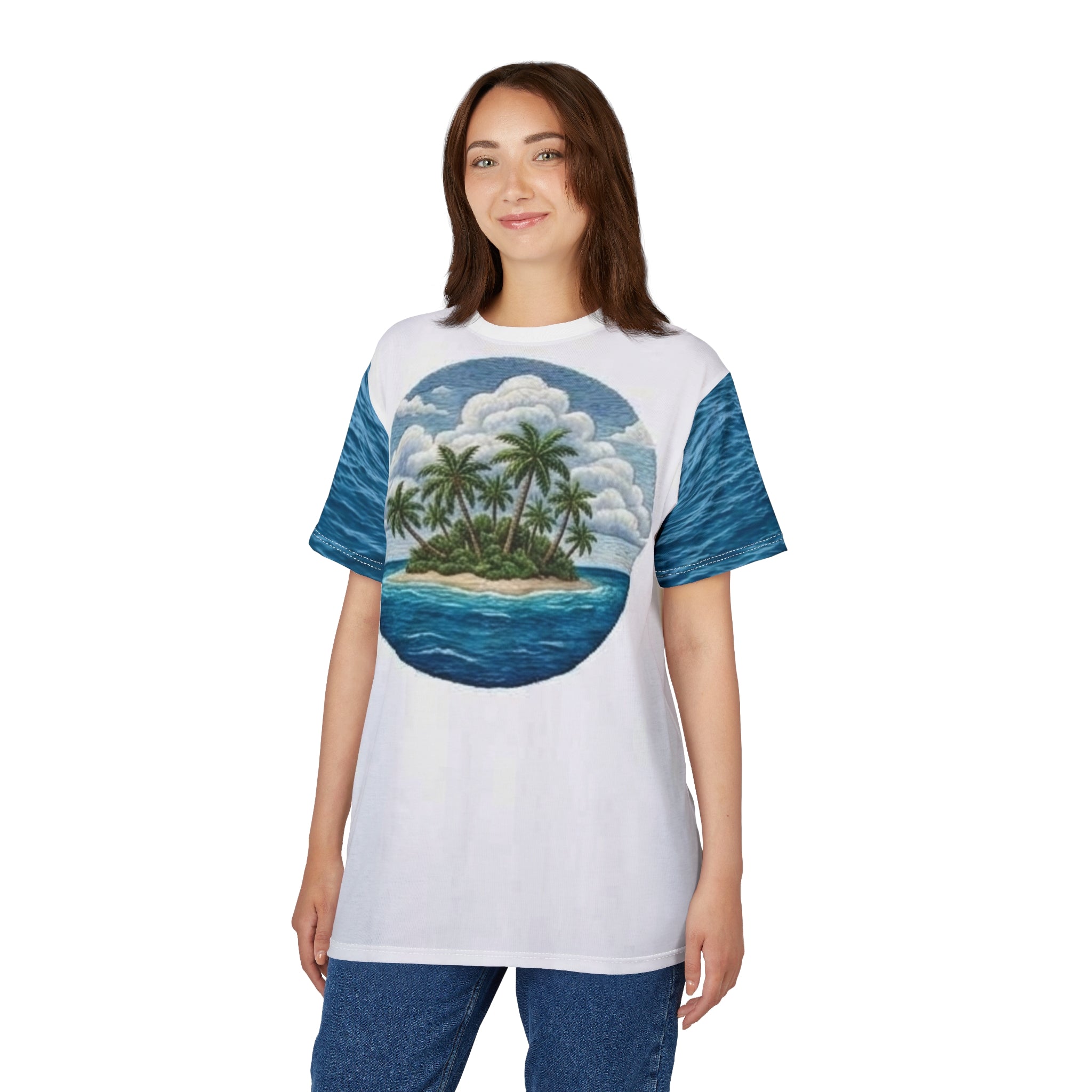 Tropical Island All-Over Print Tee — Palm Tree Beach Vacation Shirt