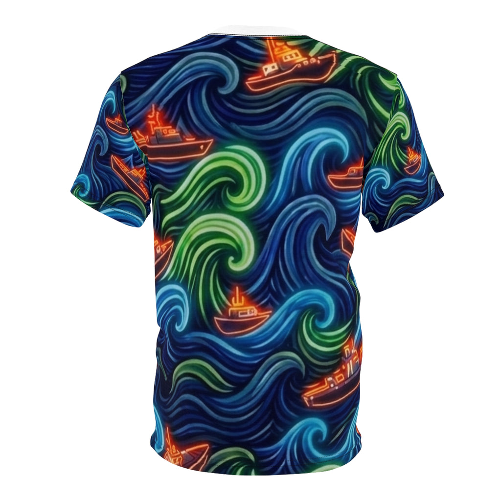 All-Over Print Tee — Neon Wave Surf & Boat Pattern Printify