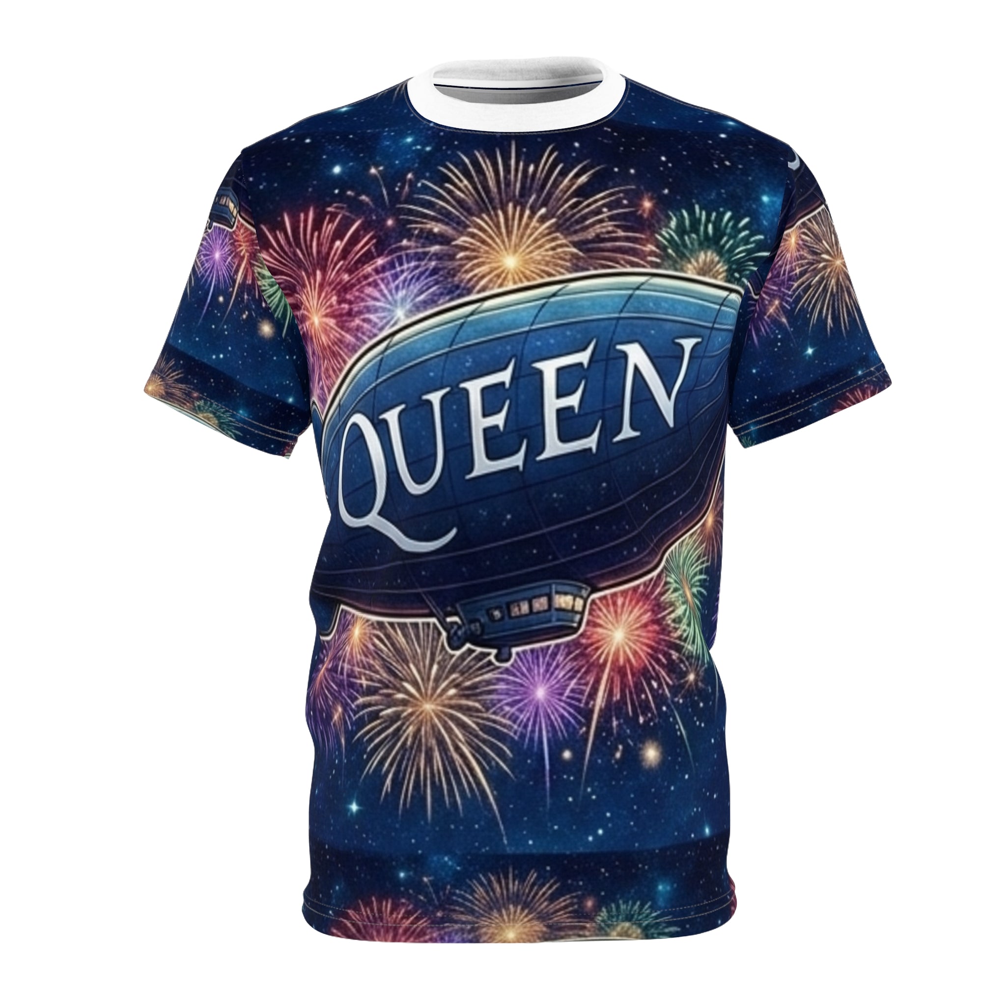 Queen Airship Tee — Retro Band Fireworks All-Over Print Shirt