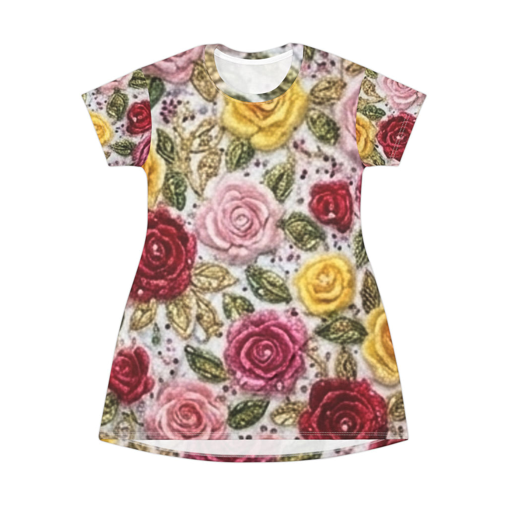 Floral Rose All-Over Print T-Shirt Dress — Vintage Pink, Red & Yellow Garden Pattern