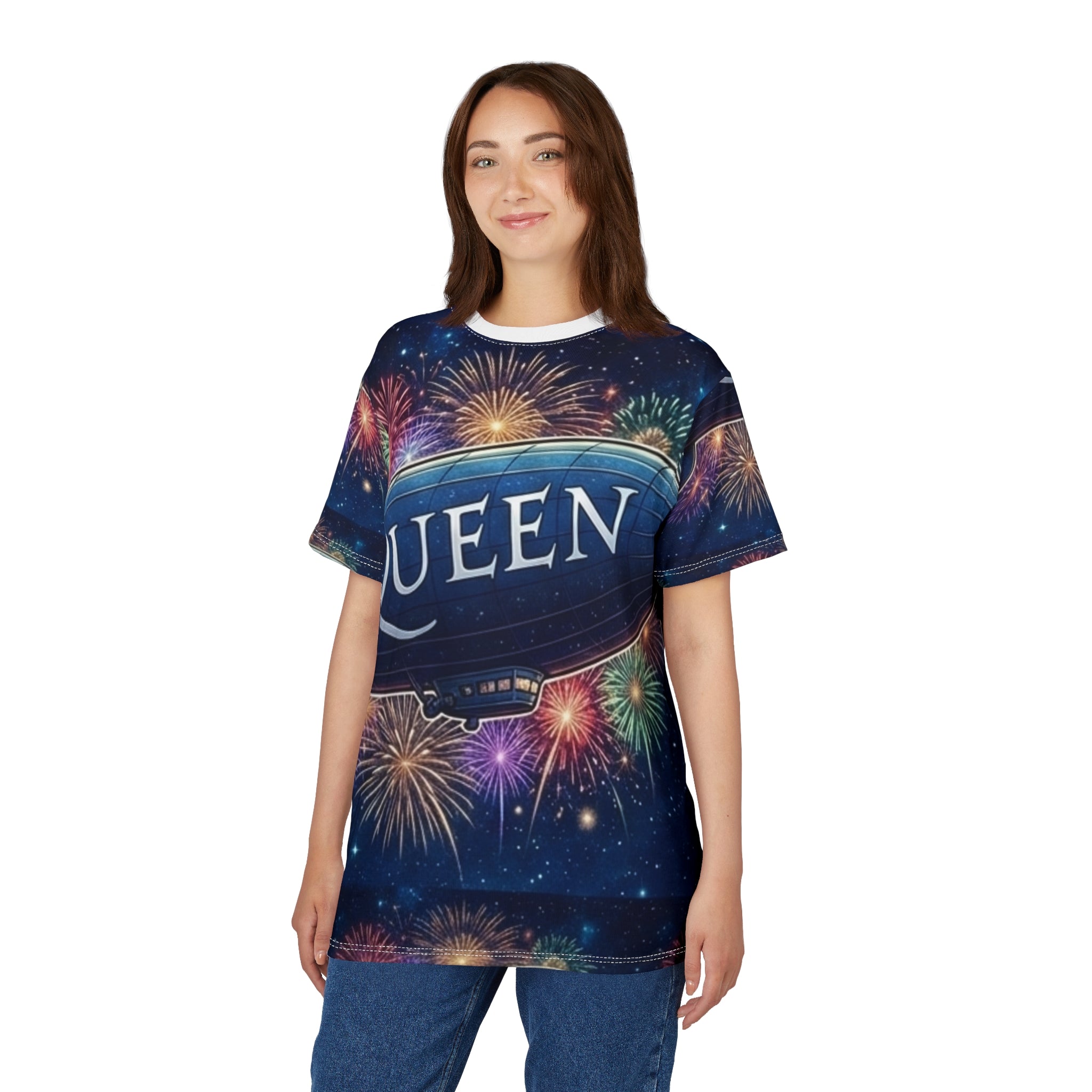 Queen Airship Tee — Retro Band Fireworks All-Over Print Shirt