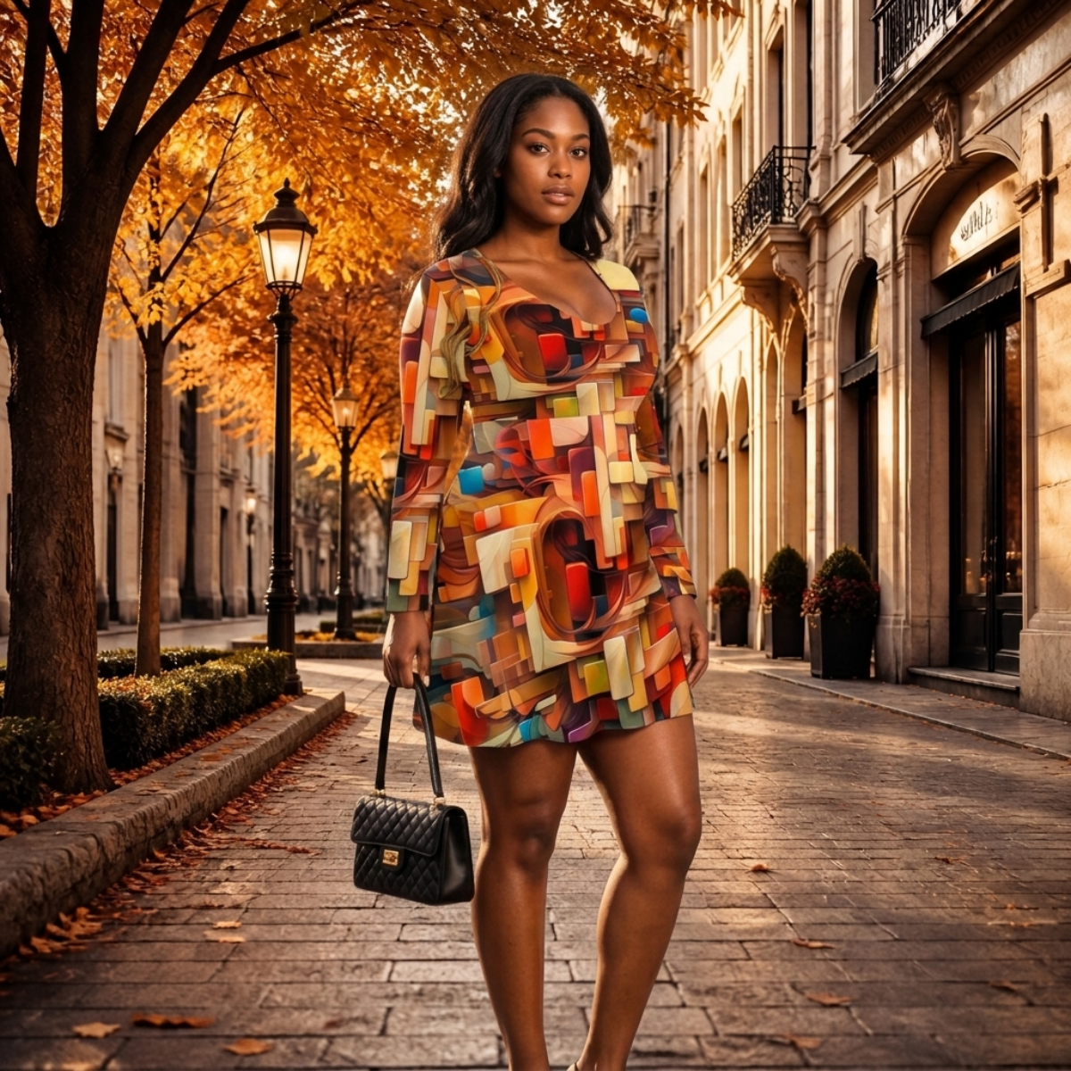 Cubist and Futurist Abstract Art All-Over Print Women's V-neck Long Sleeve Dress(Plus Size)