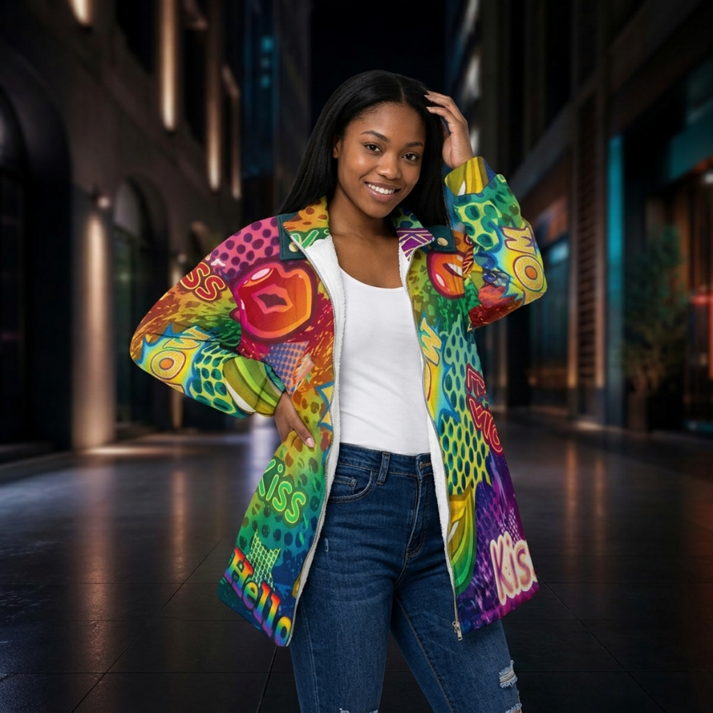 Graffiti-All-Over Print Unisex Borg Fleece Stand-up Collar Coat With Zipper Closure(Plus Size)