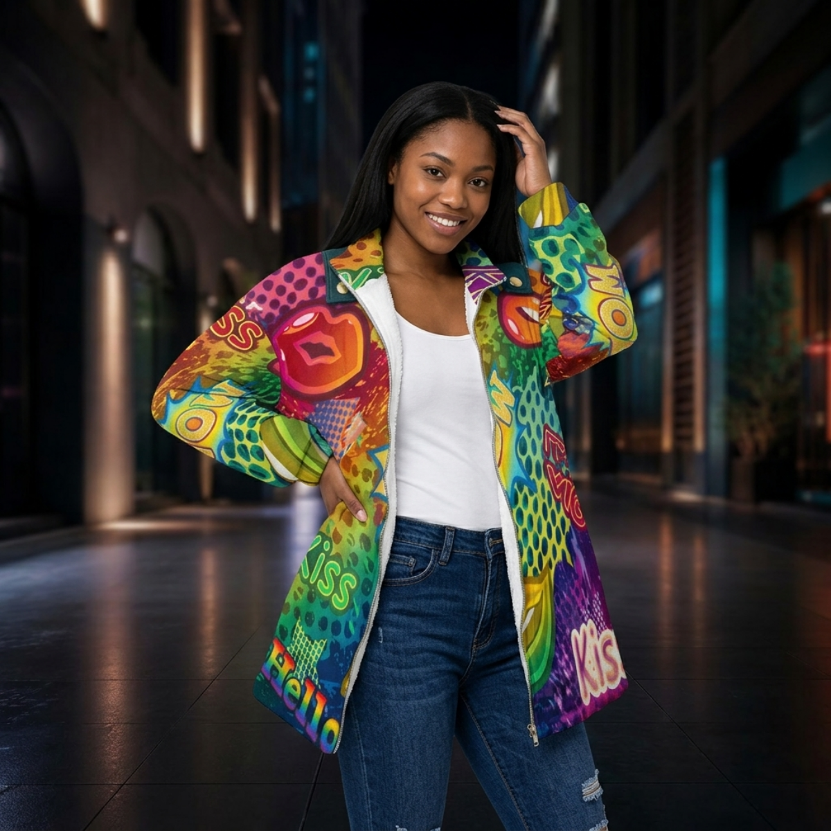 Graffiti-All-Over Print Unisex Borg Fleece Stand-up Collar Coat With Zipper Closure(Plus Size)
