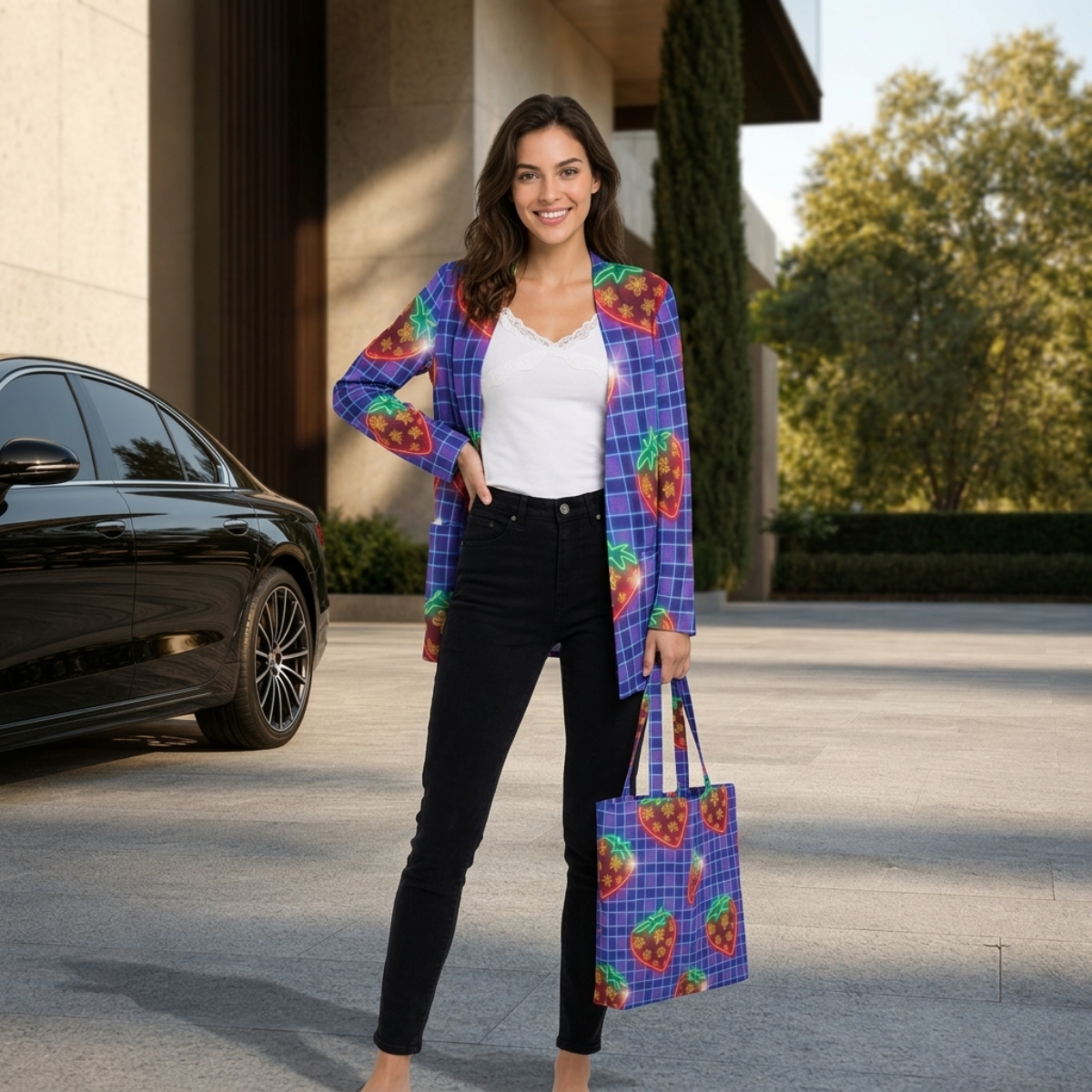 Grid-Pattern and Glowing Strawberries All-Over Print Women's Cover With Pocket